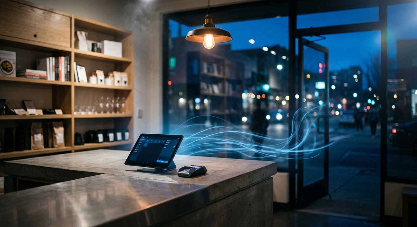 An empty shop counter with a point-of-sale tablet at dusk, as glowing blue light trails drift in through the open glass door from the city street outside.