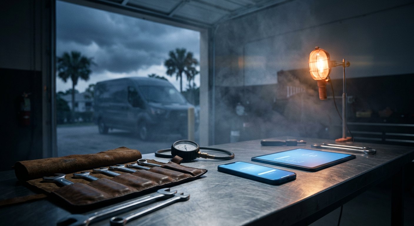A steel workbench in an open garage bay holds a leather wrench roll, a pressure gauge, a glowing phone and tablet, and an orange work lamp, with a work van and palm trees under storm clouds outside.