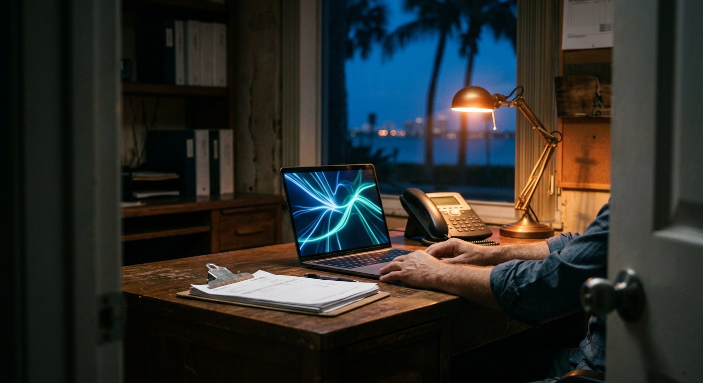 A worn wooden desk in a small office at blue hour, with a laptop glowing with flowing blue light, a desk phone, a clipboard of invoices, a brass lamp, and a person's hands typing beside a window framing palm trees and a waterfront skyline.