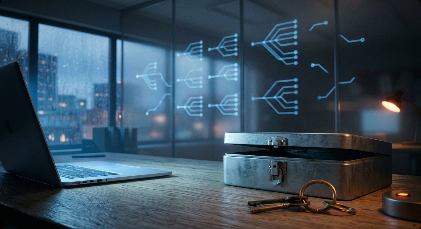An open steel cash box and a ring of brass keys sit on a worn wooden desk beside a laptop at night, as glowing blue branching diagrams cover the glass walls of a rain-streaked city office.