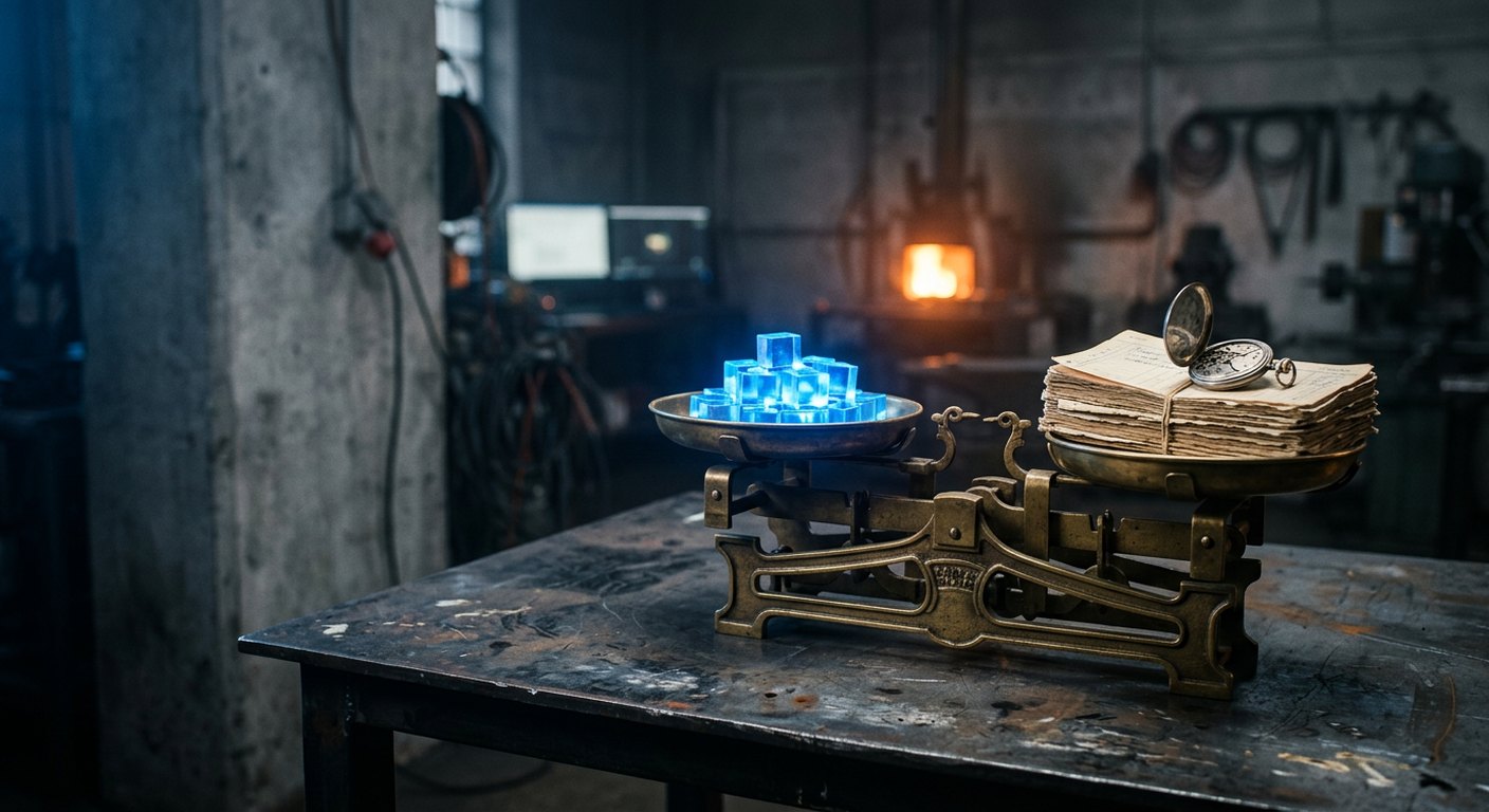 An antique brass balance scale on a worn steel workbench weighs glowing blue cubes against a stack of old ledger papers and a pocket watch, with a forge glowing in the dim workshop behind.