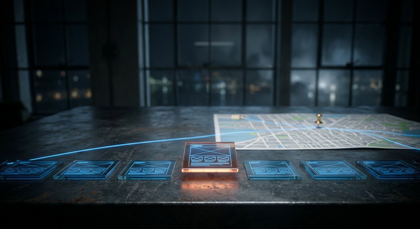 A row of glowing blue glass tiles showing website wireframes lines a dark steel workbench, one tile lifted and lit warm orange, beside a city map with a brass pin and a blue light thread, under tall night windows.