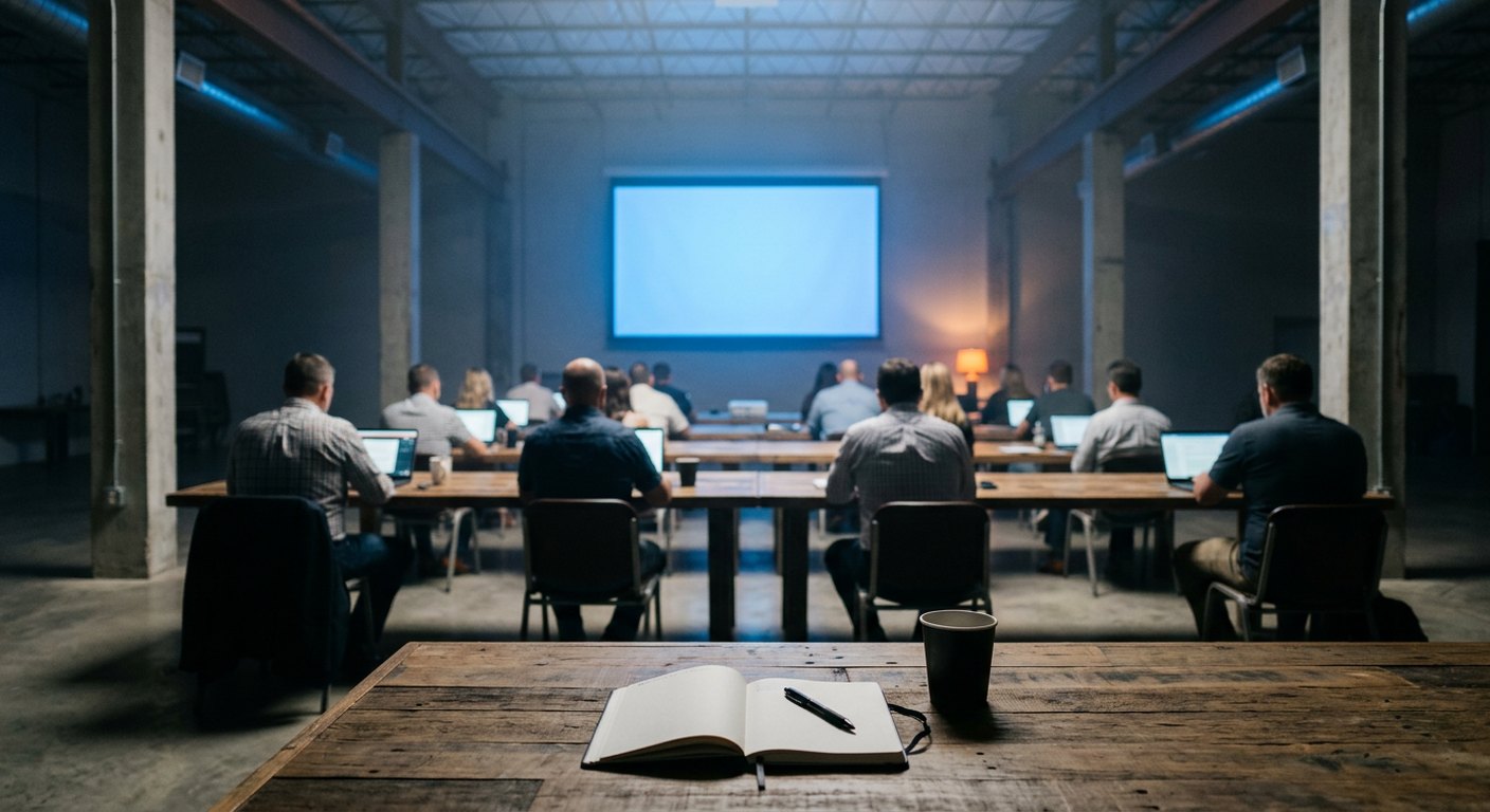 Small business owners at long wooden tables with laptops face a glowing blue screen in a dim converted warehouse, with an open notebook and coffee cup in the foreground.