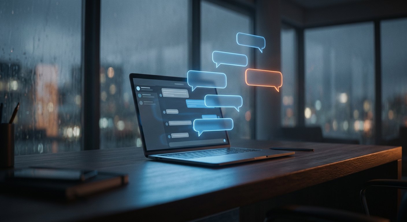 A laptop on a dark wooden desk in a dim office at dusk, with glowing blue chat bubbles and one orange bubble rising from its screen in front of rain-streaked city windows.
