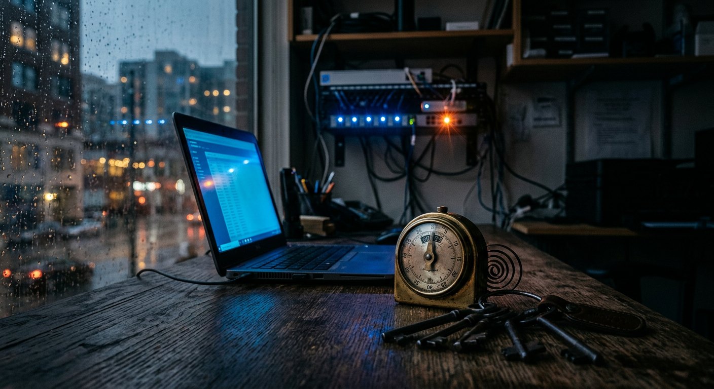 A brass countdown timer and a ring of old keys sit on a worn wooden desk beside a glowing laptop, while a network switch on the wall shows a row of blue lights and one orange light, with rainy city windows behind.