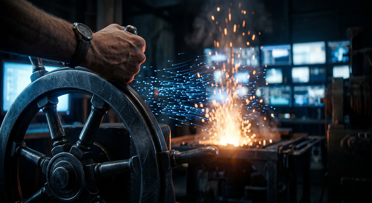 A hand grips a steel ship's helm wheel while forge sparks turn into streams of blue data light in front of a wall of monitors.